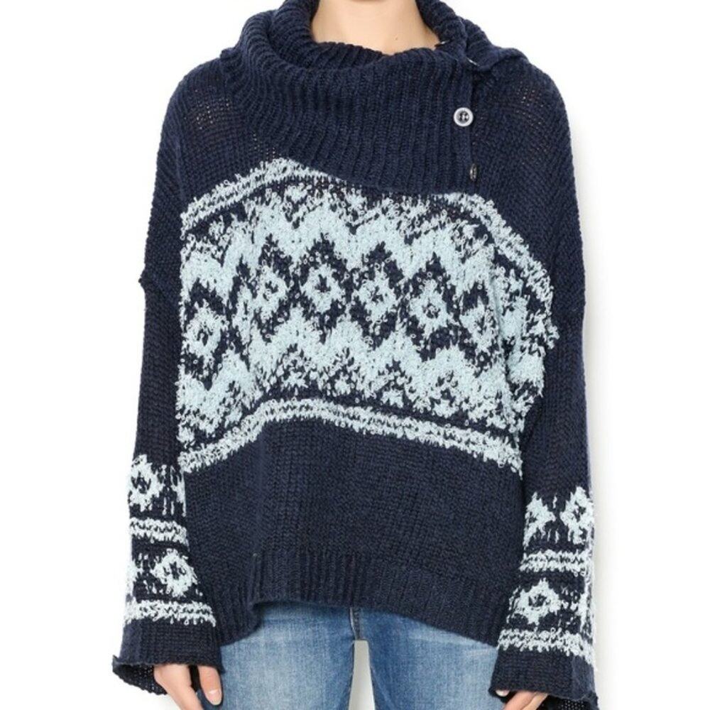 Free People Fair Isle Split Neck Wool Blend Sweater Size XS - Picture 1 of 8
